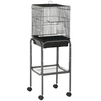 PawHut 44" H Rolling Bird Cage with Accessories, Detachable Stand and Storage - Black-Bird enclosure with ample space for small birds such as finches and budgies 