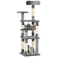 PawHut - Arbre à chat 52 po, tour à plusieurs niveaux avec hamac, lit, poteaux à griffer en sisal - gris-Centre d'activités polyvalent avec perchoirs à plusieurs niveaux, hamac suspendu et poteaux à griffer 
