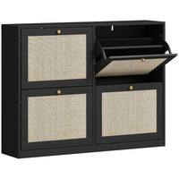 HOMCOM Narrow Shoe Cabinet with 4 Flip Drawers for Entryway Hallway - Black-Black finish with rattan fronts and knobs for a boho chic style