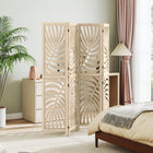 HOMCOM 4 Panel Palm Leaf Design Freestanding Room Divider for Home Office Bedroom - Natural Wood Finish-Tropic palm leaf patterns enhance elegance 
