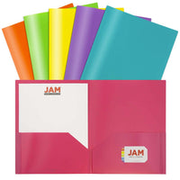 JAM Paper - Chemises scolaires en plastique à 2 pochettes - couleurs tendance assorties - Paquet de 12-Chemises JAM Paper POP | Couleurs : rose, jaune, violet, orange, bleu sarcelle, vert citron