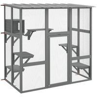 PawHut - Enclos extérieur pour chat en bois - 67,7 po L x 35,4 po l x 70,5 po H - gris-Installation contre le mur, connexion intérieure et extérieure 