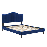 Modway Juniper Channel Tufted Performance Velvet Full Platform Bed with Black Wood Legs - Navy-Full Platform Bed