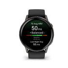 Garmin - Venu 4 – 45 mm, Ardoise avec bracelet en silicone noir-Suivi du sommeil avancé (amélioré): Obtenez un score de sommeil et un coaching personnalisé sur la quantité de sommeil dont vous avez besoin et comment vous pouvez vous améliorer. Suivez même les différentes phases de sommeil et les siestes — et voyez des indicateurs clés, tels que l'état de la HRV et la température de la peau, pour mieux comprendre votre santé. De plus, avec la fonction d'alignement du sommeil, voyez à quel point vous êtes ali