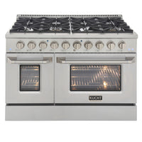 Kucht 48" KDF Series Pro Style Propane Gas Range - Stainless Steel-Cook and bake like a pro with 2 separate ovens with large oven windows, the main is a heavy-duty blue porcelain oven with 4.2 cu. ft. of capacity while the additional side oven has 2.5 cu. ft
