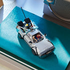 LEGO Speed Champions Time Machine from Back to the Future-2 display options: Driving mode with a hook or flying mode with sideways wheels