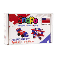 Snapo Building Blocks Americana Made in USA Kit - 150 Pieces-This kit includes 150 pieces: Standard Blocks, Wheels, Propellors, Specialty Blocks (Axels, slopes, etc.)