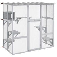 PawHut 70.5" H Outdoor Wooden Catio Cat House Enclosure - White-Installation against the wall, connect inside and outside 