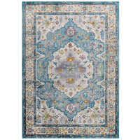 Modway - Success Médaillon vintage floral vieilli Anisah Tapis 4 pi l x 6 pi L - Bleu ivoire clair, jaune, orange-Tapis d’espace à médaillons vintage floraux vintage vieillis