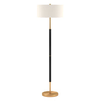 Hudson&Canal - Lampadaire Simone 2 lumières avec abat-jour en tissu - Noir mat/laiton/blanc-Design industriel pour votre salon, votre bureau, votre chambre ou votre coin lecture