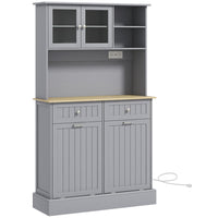 HOMCOM 68" H Kitchen Pantry Cabinet with Charging Station - Grey-Storage consisting of an enclosed cabinet, 2 open shelves, 2 large drawers, a spacious countertop, and 2 tilt-out cabinets 