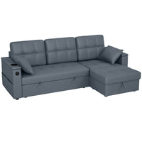 HOMCOM Pull Out Sleeper Sofa Bed with USB Ports and Chaise Storage - Dark Grey-Converts easily from left-hand or right-hand L-shaped sofa to guest bed with pull-out design with wheels, saves space
