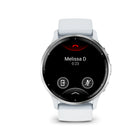 Garmin Venu 3 Watch - 45 mm - Silver Stainless Steel Bezel with Whitestone Case and Silicone Band-Enjoy the convenience of making and taking phone calls from your wrist — even use your smartphone’s voice assistant to respond to text messages and more (when paired with your compatible iPhone® or Android™ smartphone); plus, you can respond to texts via voice, or Android users can text directly from their smartwatch