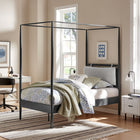 Modway Marlowe 4-Poster Canopy Metal Twin Platform Bed - Charcoal-Adjustable Upholstered Cushioned Headboard
