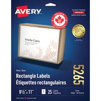 Avery White Rectangle Labels with TrueBlock, 8-1/2" x 11", for Laser/Inkjet Printer, 25 Pack (5265)-11" x 8-1/2", White