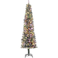 HOMCOM 7.5' Snow-Flocked Pencil Artificial Christmas Tree with Remote - Green-Warm white and multicoloured LED lights enhance festive ambiance 
