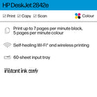 HP DeskJet 2842e Wireless All-in-One Printer Scanner Copier - Bright Lilac-KEY FEATURES - Colour print, copy, scan, flatbed scanner, a 60-sheet input tray, plus mobile and wireless printing
