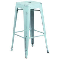 Flash Furniture 30" High Backless Distressed Green-Blue Metal Indoor-Outdoor Barstool-Stackable Industrial Style Modern Stool