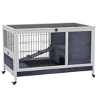 PawHut - Clapier d’intérieur en bois sur roulettes avec enclos blanc - 35,4 po L x 20,9 po l x 23,2 po H-Bois de sapin massif avec salon, enclos arrière, rampe et porte 