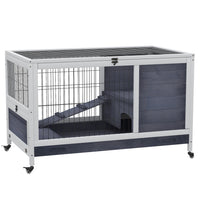 PawHut - Clapier d’intérieur en bois sur roulettes avec enclos blanc - 35,4 po L x 20,9 po l x 23,2 po H-Bois de sapin massif avec salon, enclos arrière, rampe et porte 