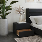 Nexera Avenue Nightstand With 1-Drawer And Folding Door - Black-Convenient bottom drawer on metal slides