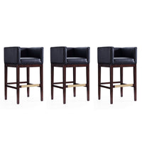 Manhattan Comfort Kingsley 21" Mid-Century Modern Faux Leather Upholstered Bar Stool - Black and Dark Walnut - 3 Pack-Mid-Century Modern Barstool with Backseat Perfect for Bar and Kitchen Use. Set of 3