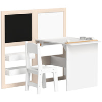 Qaba - Ensemble table et chaises 3 en 1 pour enfants avec chevalet pliable et étagères de rangement - Blanc-Conception 3 en 1 comprenant une table, une chaise, un tableau blanc et un tableau noir 