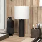 Hudson&Canal York 16" Tall Table Lamp with Fabric Shade - Blackened Bronze/White-Handcrafted blackened bronze finish is applied to the candlestick metal base