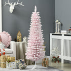 HOMCOM 5' Pencil Artificial Christmas Tree with Snow-Flocked Branches - Pink-Pencil shape takes up little floor or table space, suitable for small rooms or as a second Christmas tree in an entryway 