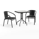 Table carrée de 23,5 po en verre et en métal et 2 chaises empilables en rotin noir (TLH-0731SQ-037BK2-GG)-Ensemble de table et chaises