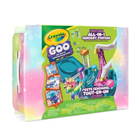 Crayola Goo All-in-1 Sensory Station - Unicorn-CRAYOLA UNICORN GOO SENSORY STATION: Includes 1 sensory goo station, 4 white Goo powders, 4 mix-ins (heart confetti, star confetti, sand, beads), 2 mini glitter glues, 1 unicorn slime display, 4 Mini Goo cups with lids, 4 labels, 4 ultra-clean washable markers, and 1 measuring scoop