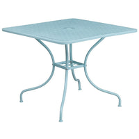 Table de jardin carrée en acier de 35,5 po et 2 chaises au dossier carré, intérieur/extérieur, bleu ciel [CO-35SQ-02CHR2-SKY-GG]-Ensemble comprenant 1 table et 2 chaises
