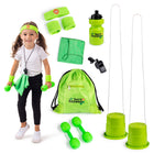 Bintiva My First Fitness Set-Complete set: This toddler workout equipment includes 11 pcs of a gym set for that fun workout experience. This includes 2pcs of plastic kids barbell that can be filled with sand or water up to 0.5 kg each. A pair of sturdy bucket stilts with anchored soft ropes they can easily grab while putting their feet on as they pull up and go.