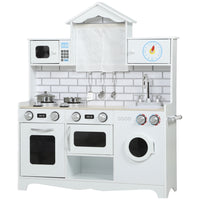 Qaba Play Kitchen for Kids with Switch Knob Sound, Built-in Clock - White-Spark imagination with realistic kitchen details for kids 
