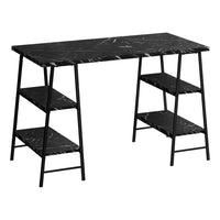 Monarch Specialties 7528 48" Computer Desk - Black Marble-Look/Black Metal-Industrial-style computer desk with 4 fixed, open shelves supported by sawhorse-style legs in a black metal finish