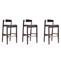 Manhattan Comfort Klismos 20" Mid-Century Modern Faux Leather Upholstered Bar Stool - Black and Dark Walnut - 3 Pack-Mid-Century Modern Barstool with Backseat Perfect for Bar and Kitchen Use. Set of 3
