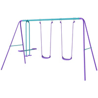 Outsunny 3 in 1 Metal Swing Set with Double Swings, Glider, Kids Swing Set - Purple-Including multiple play options . 