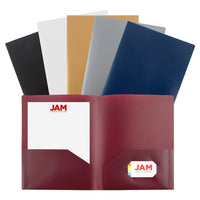 JAM Paper Plastic 2 Pocket POP Durable School Folders - Assorted Professional Colours - 6 Pack- Colours: Burgundy, Gold, Grey, Navy Blue, White, Black