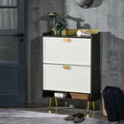 HOMCOM Modern Shoe Cabinet with Two Flip Drawers & Bamboo Door - White-An open shelf at the bottom provides extra storage