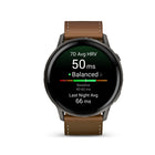 Garmin - Venu 4 – 45 mm, Ardoise avec bracelet en silicone noir et bracelet en cuir brun-état de santé (nouveau): Vérifiez si vos indicateurs de santé — tels que la fréquence cardiaque au repos, la variabilité de la fréquence cardiaque, la température de la peau et la saturation en oxygène pendant votre sommeil — s'écartent de votre plage habituelle, ce qui pourrait indiquer un stress supplémentaire sur votre corps. Ces changements pourraient être liés aux niveaux d'activité physique, à l'environnement, au 
