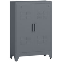 HOMCOM - Armoire de rangement en métal avec 2 portes à persiennes, étagères réglables - gris-2 étagères intérieures réglables peuvent être verrouillées en place à 17 niveaux fixes 