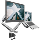 ShoppingAll - Support pour écran et ordinateur portable 2 en 1 avec 2 bras pivotants - Argent-Peut accueillir un écran 15"-32" et un ordinateur portable 12"-17" OU peut être utilisé pour deux écrans 15"-32". Chaque bras peut supporter jusqu'à 17,6lb/8kg d'ordinateur portable ou d'écran avec des trous de montage VESA de 75mm x75mm ou 100mm x 100mm.