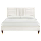 Modway - Sofia Lit plateforme complet en velours haute performance avec capitonnage vertical et pieds en bois et Manchons en métal doré - Blanc-Système de soutien en lattes de bois