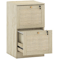 HOMCOM 2-Drawer Letter/A4 Lockable Filing Cabinet - Oak-Natural rattan drawer fronts and wood grain finish create boho style accent
