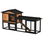 PawHut 69" Wooden Rabbit Hutch with Run Box and Slide-out Tray - Black-Solid fir wood frame and asphalt roof made for outdoor use 