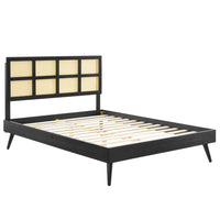 Modway Sidney Cane and Wood Queen Platform Bed with Splayed Legs - Black-Queen Platform Bed Frame