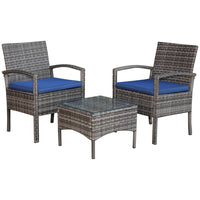 Outsunny 3-Pieces Wicker Patio Furniture Set with Coffee Table & Cushions - Blue-Suitable for indoor and outdoor use, making it perfect for garden, poolside, deck, or backyard    