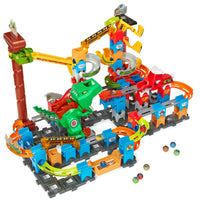 VTech Marble Rush T-Rex Dino Thrill Track Set-A dino-snack launcher, chomping T-Rex and roaring tracks easily connect, this 119-piece set includes five colorful marbles and five Magic Stunt Marbles with metal cores