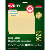 Avery TrueBlock Assorted Colour Laser/Inkjet File Folder Labels, 3-7/16" x 2/3", 600 Pack (05266)-Permanent, Rectangular, 1/3 cut label