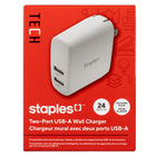 Staples USB-A Wall Charger - 24W - White-24W 2-port wall charger with 2 USB-A charging ports